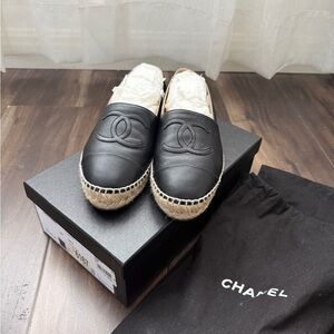 CHANEL Black Leather Espadrilles